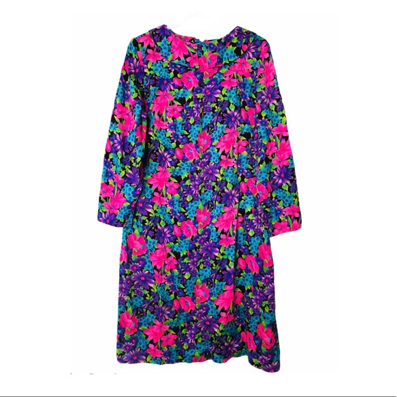 Vintage Dresses & Skirts - Vtg 60s Psychedelic Floral Print Collared Dress XL